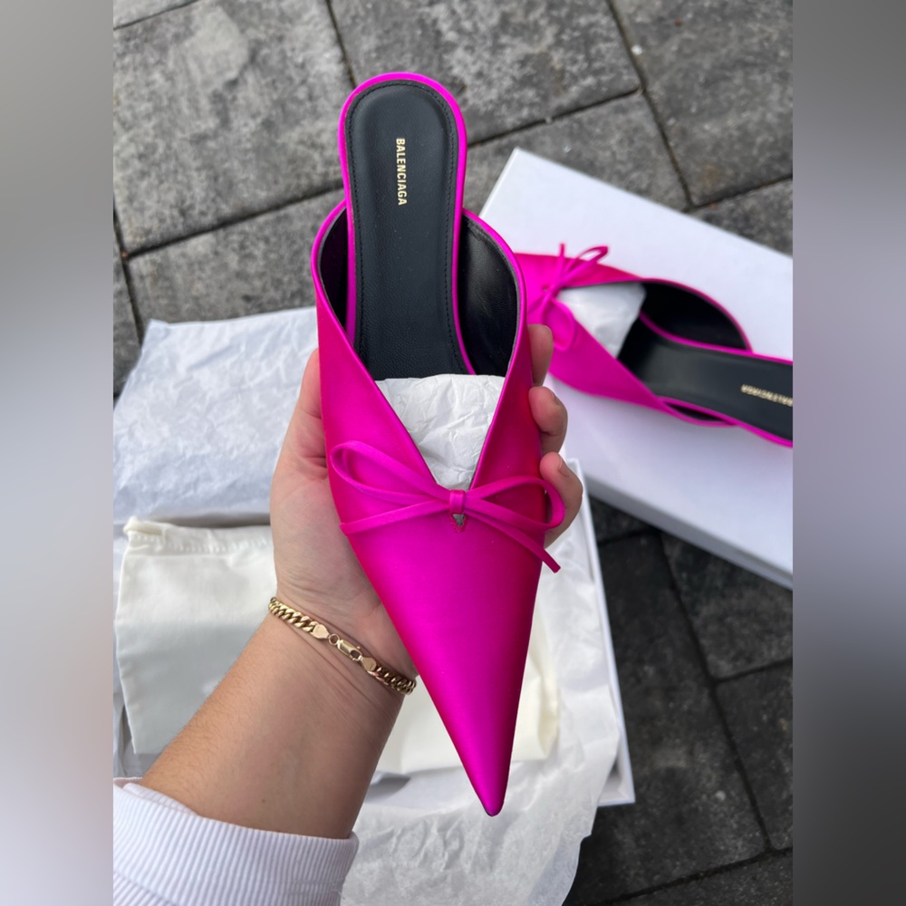 BALENCIAGA Knife Bow Satin Fuchsia Mules - Size 38.5 - NEW - Picture 5 of 17